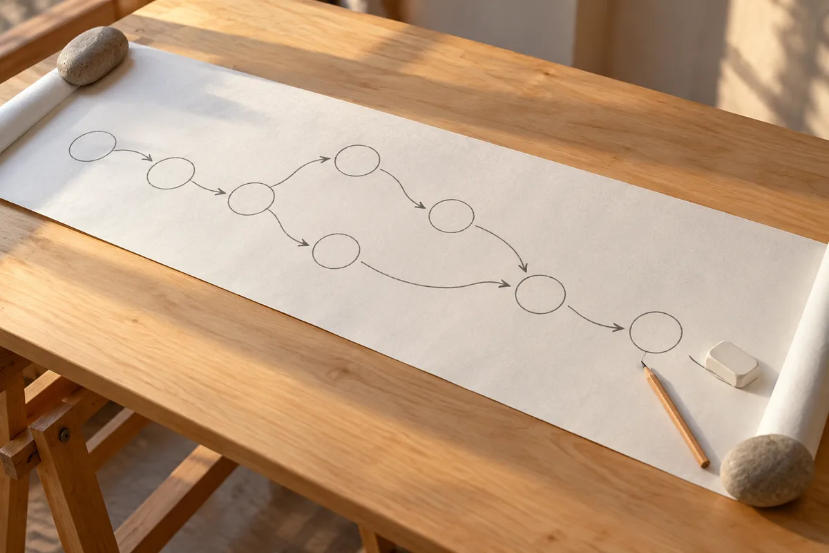 Parcours tracé au crayon, cercles reliés par des flèches, sur un rouleau de papier blanc
