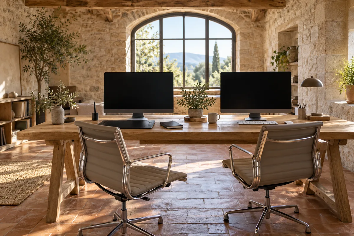 Deux postes de travail côte à côte dans un atelier aux murs de pierre