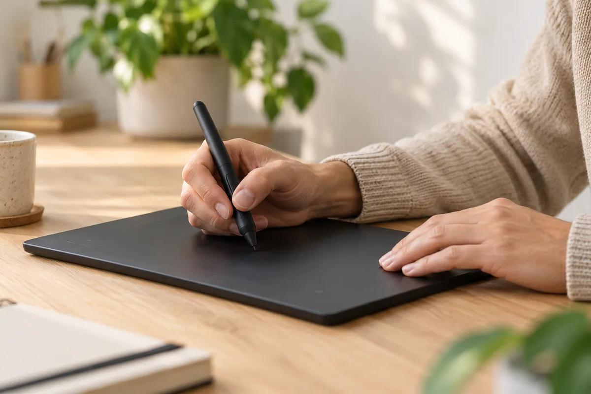 Mains tenant un stylet au-dessus d&rsquo;une tablette graphique noire
