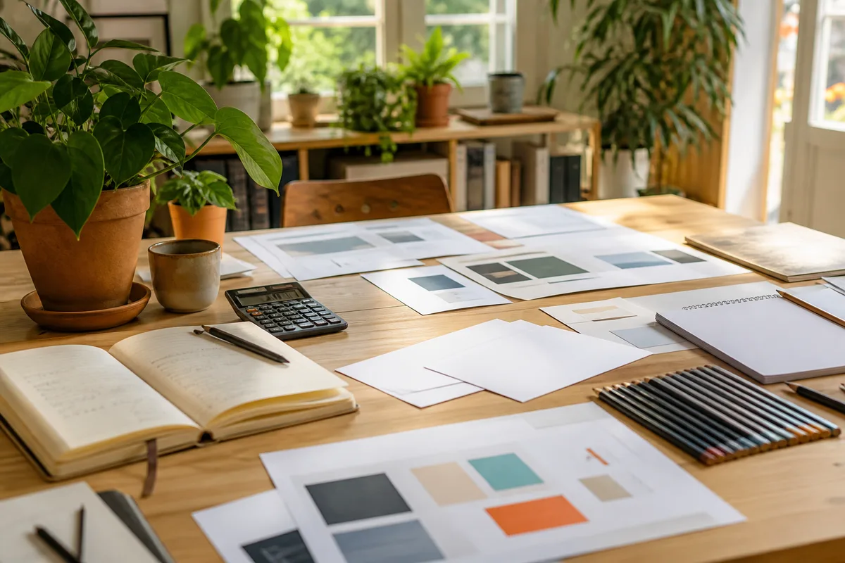 Bureau avec un carnet de calculs, une calculatrice et des maquettes de pages web