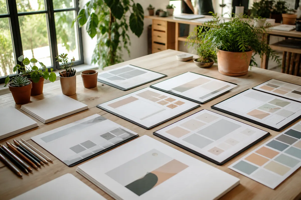 Vue stylisée d&rsquo;un poste de travail de webdesigner avec maquettes d&rsquo;interface posées côte à côte