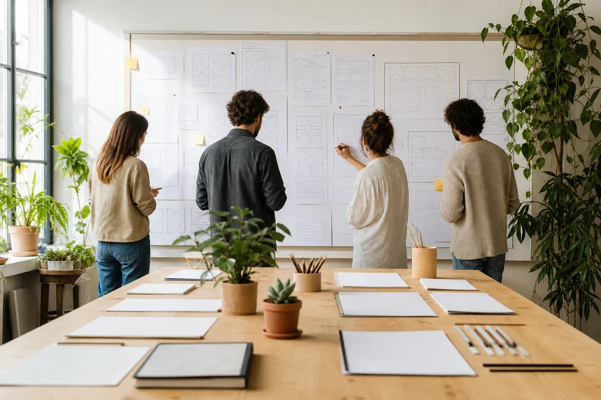 Groupe de designers réunis autour d&rsquo;un tableau couvert de croquis d&rsquo;interfaces